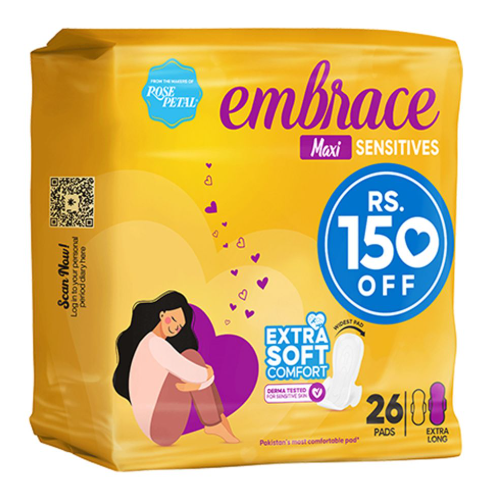 Embrace Sensitive Maxi Pads Value Pack Long (Rs.150/- Off) 26 x 100g